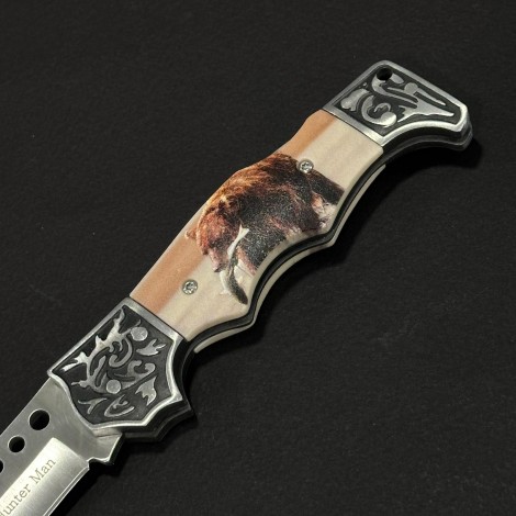 Cuțit briceag camping Anima Urs si Peste 21cm, lama otel inox, mâner imprimeu, husa, ANIM-URS21FSH