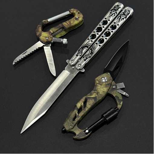Set 3 piese Briceag Balisong 28cm BAL-28FGRD, 2x Briceag multifuncțional camping cu carabinier, ideal camping si drumeție