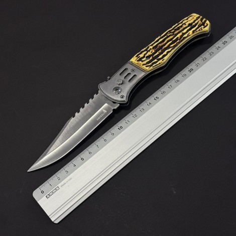 Cutit briceag camping și drumetie 26cm, lama varf tais dublu otel inox, maner corn cerb, husa, BRCC-26VD