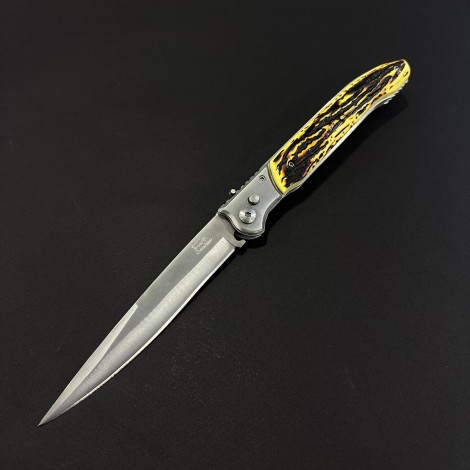 Cutit briceag camping și drumetie 32cm, lama varf tais dublu otel inox, maner corn cerb, husa, BRCC-32VD