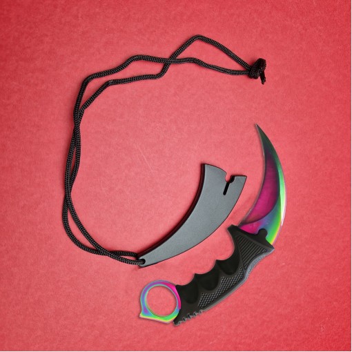 Briceag tip cutit Karambit 19cm, lama otel inox, cu teaca si snur, KAR-19TRSUV