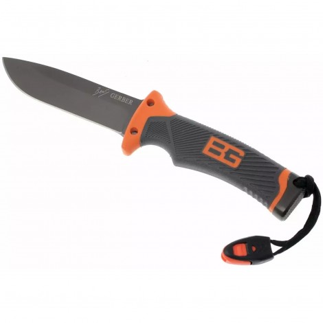 Set Cuțit camping Gerber GER-BG25 25cm, lama otel inox, maner portocaliu texturat, functii multiple, teacă inclusa