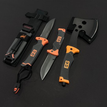 Set 3 piese camping si drumetie Gerber - Cuțit diverse funcții GER-BG25 25cm, Toporișcă multifunctionala GER-TPR30 30cm si Briceag GER-BRC23 23cm