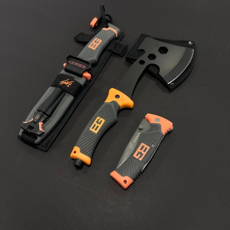 Set 3 piese camping si drumetie Gerber - Cuțit diverse funcții GER-BG25 25cm, Toporișcă multifunctionala GER-TPR30 30cm si Briceag GER-BRC23 23cm