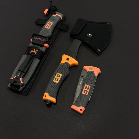 Set 3 piese camping si drumetie Gerber - Cuțit diverse funcții GER-BG25 25cm, Toporișcă multifunctionala GER-TPR30 30cm si Briceag GER-BRC23 23cm