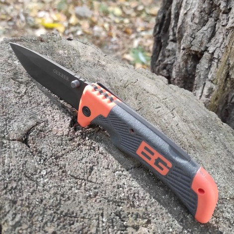 Cuțit camping briceag Gerber GER-BRC21VD 21cm, lama varf dublu otel inox, maner portocaliu texturat, teacă inclusa