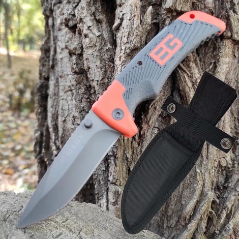 Cuțit camping briceag Gerber GER-BRC21VD 21cm, lama varf dublu otel inox, maner portocaliu texturat, teacă inclusa