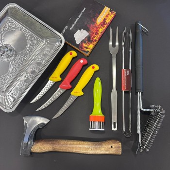 Set camping si gratar 10 piese FeroCut: Toporisca, Tava servire, 3x Cutite,  Ustensile grătar + pastile foc