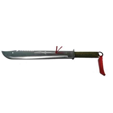 Cuțit camping tip maceta sabie 70cm, lamă oțel, muchie parțial zimțată, mâner paracord verde, cu husa si cutit de aruncat inclus + Cadou kunai 22cm FRS10